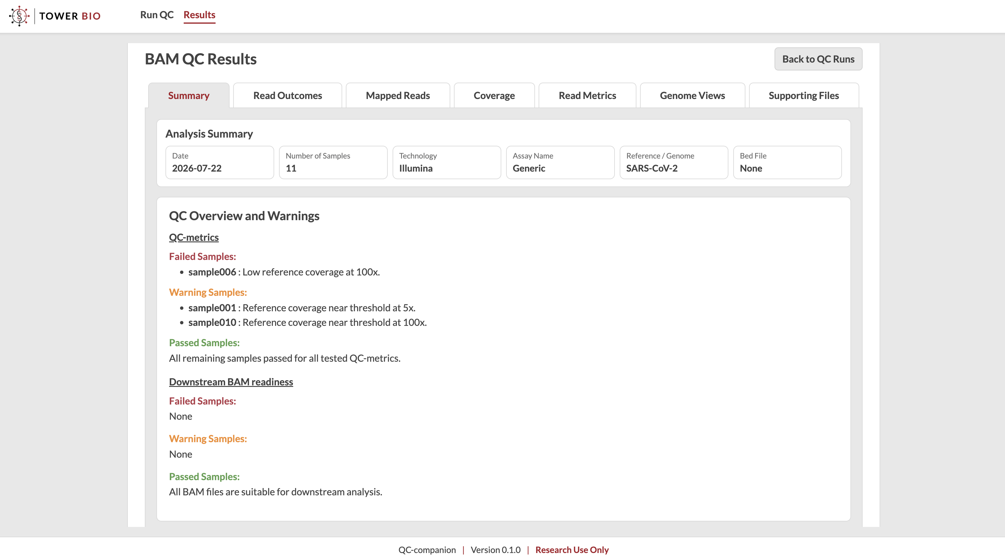 QC-Companion results summary with QC overview and warnings